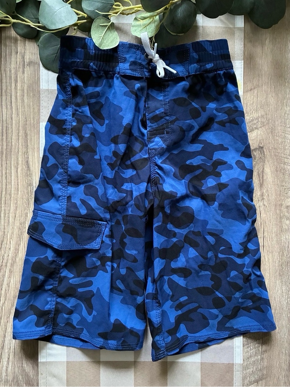 Hanna Andersson Boys Blue Camo Swim Trunks